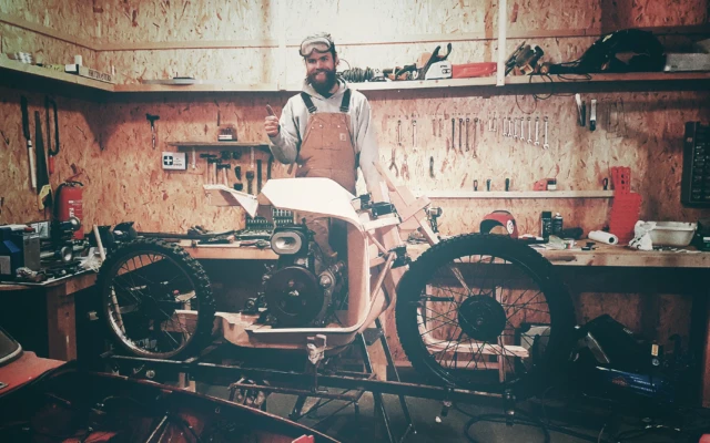 A wooden motorcycle powered by algae