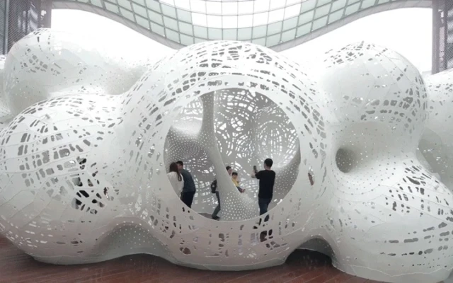 White aluminium pavilion is inspired by author Jules Verne