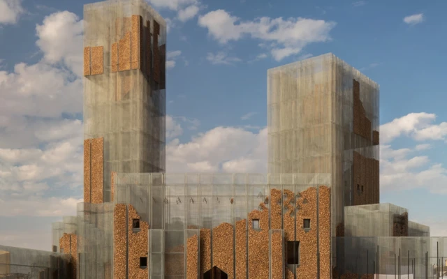 A ruin-inspired pavilion made of wire mesh and cork