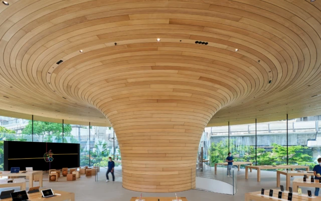 A cantilevered wooden roof and glass structure