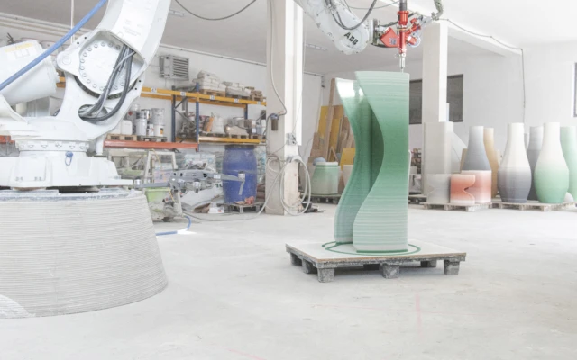 3D printed concrete gradient furniture and ceramic vases