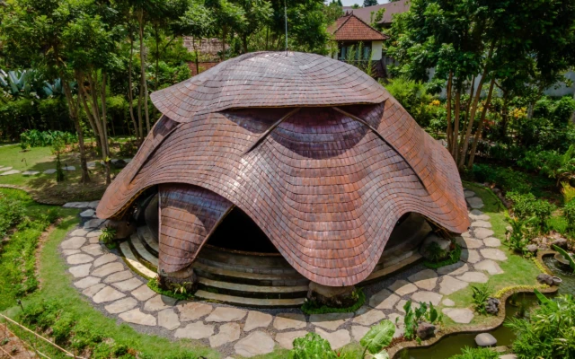 A yoga centre made of bamboo and copper