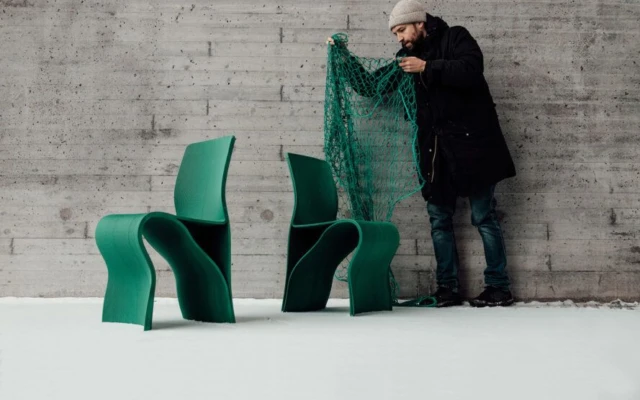 A 3D printed chair made of recycled fishing nets